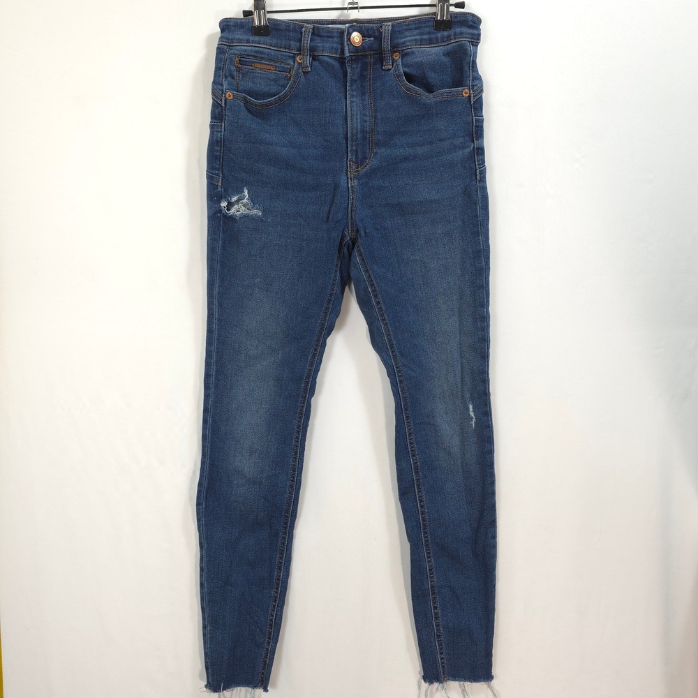 Stradivarius Skinny Jeans Distressed Raw Hem Blue Women 6 Edgy Streetwear Grunge